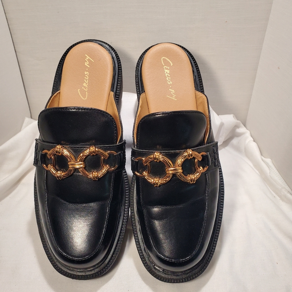 Circus by Sam Edelman Black Leather Mules with Gold Chain Detail
